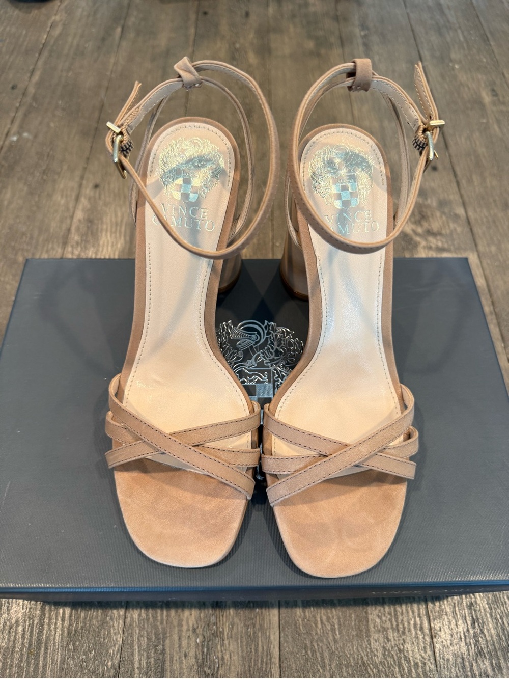 Vince Camuto Beige Suede Ankle-Strap Block Heel Sandals